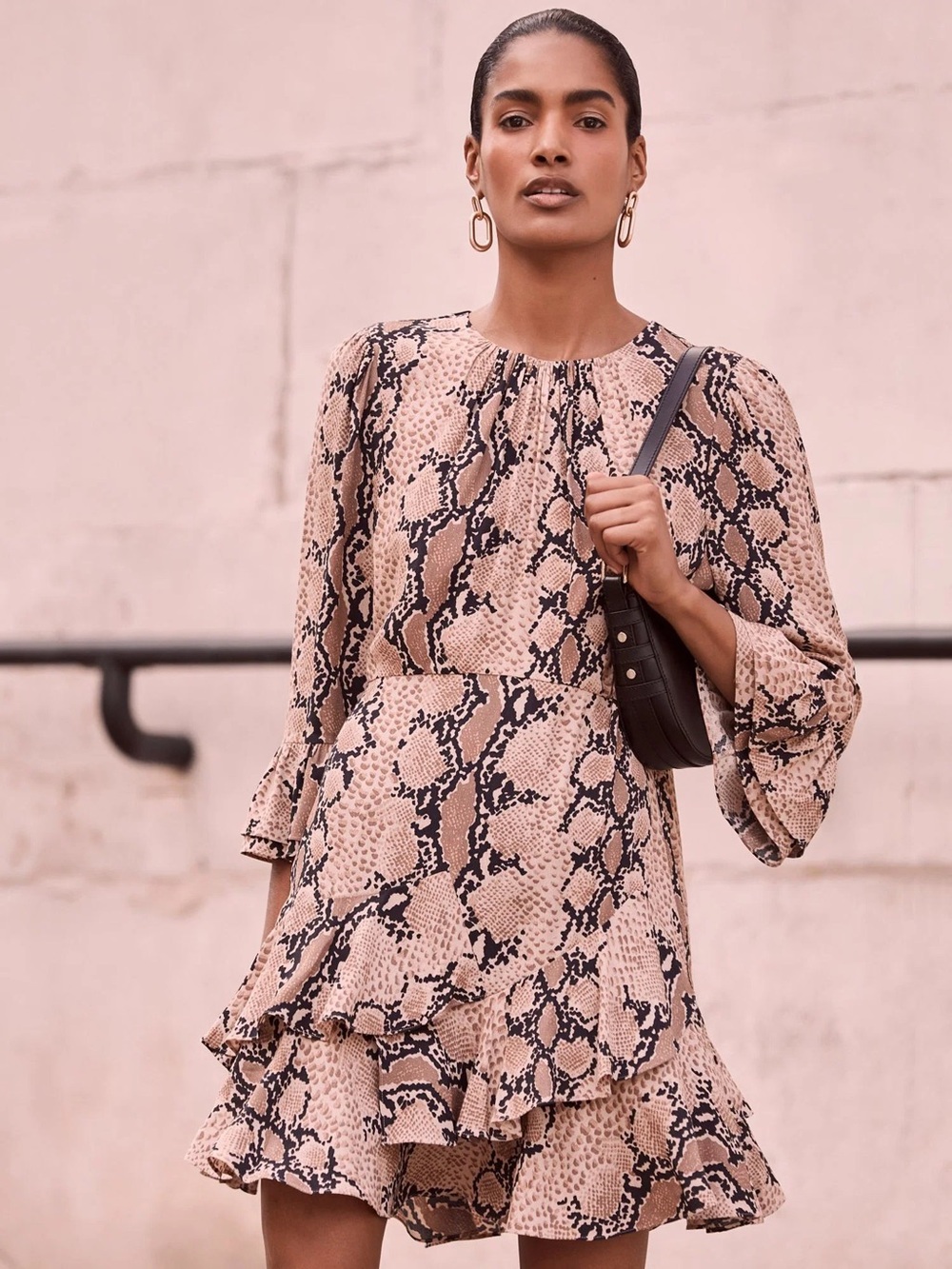 MINT VELVET Snake-Print Ruffle Hem Long-Sleeve Mini Dress - Beige/Black